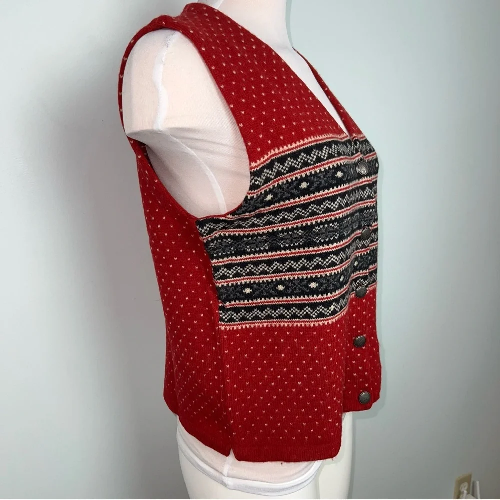 Eddie Bauer Red Fair Isle 100% Wool Sweater Vest Size M